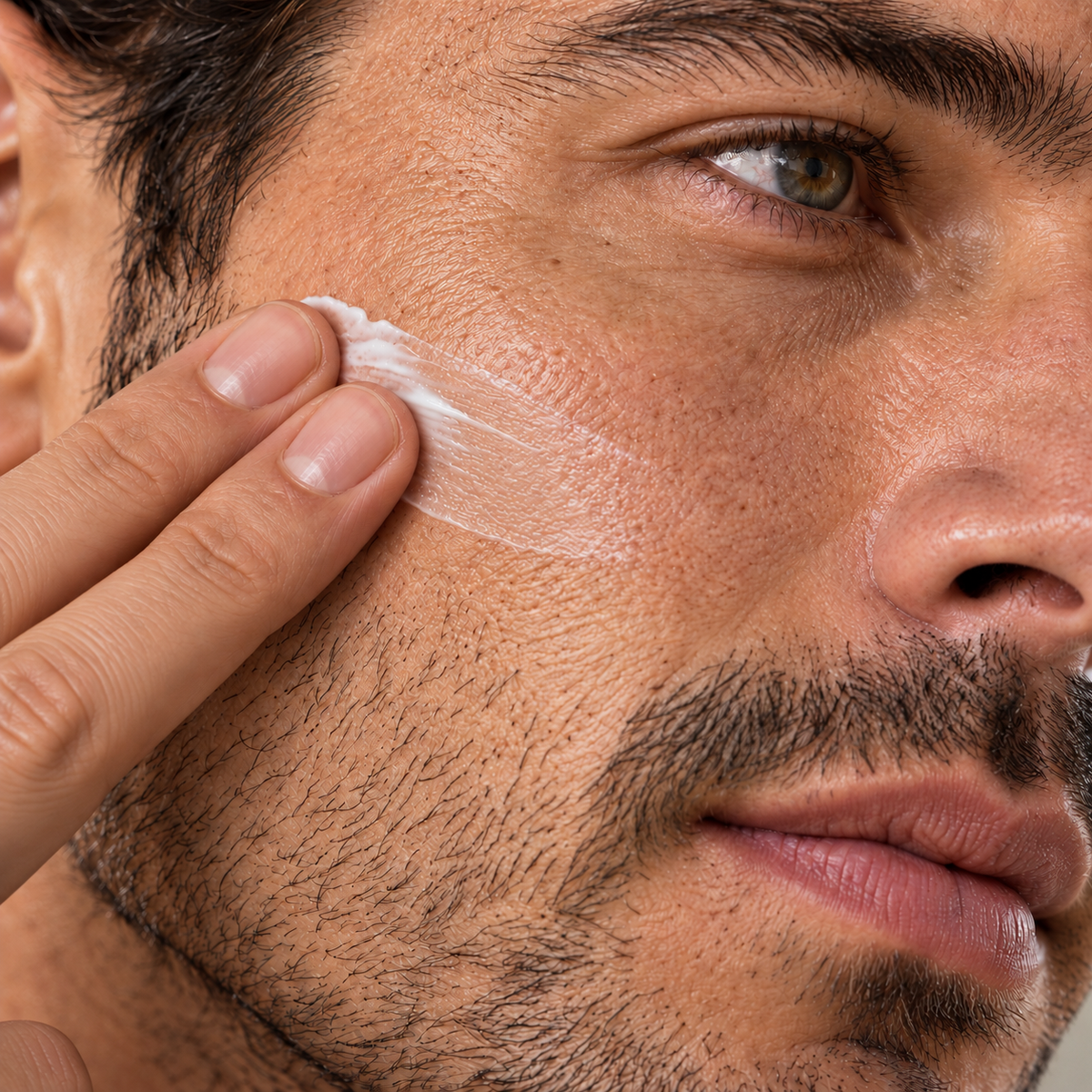 Fingertips spreading cream across the cheek.