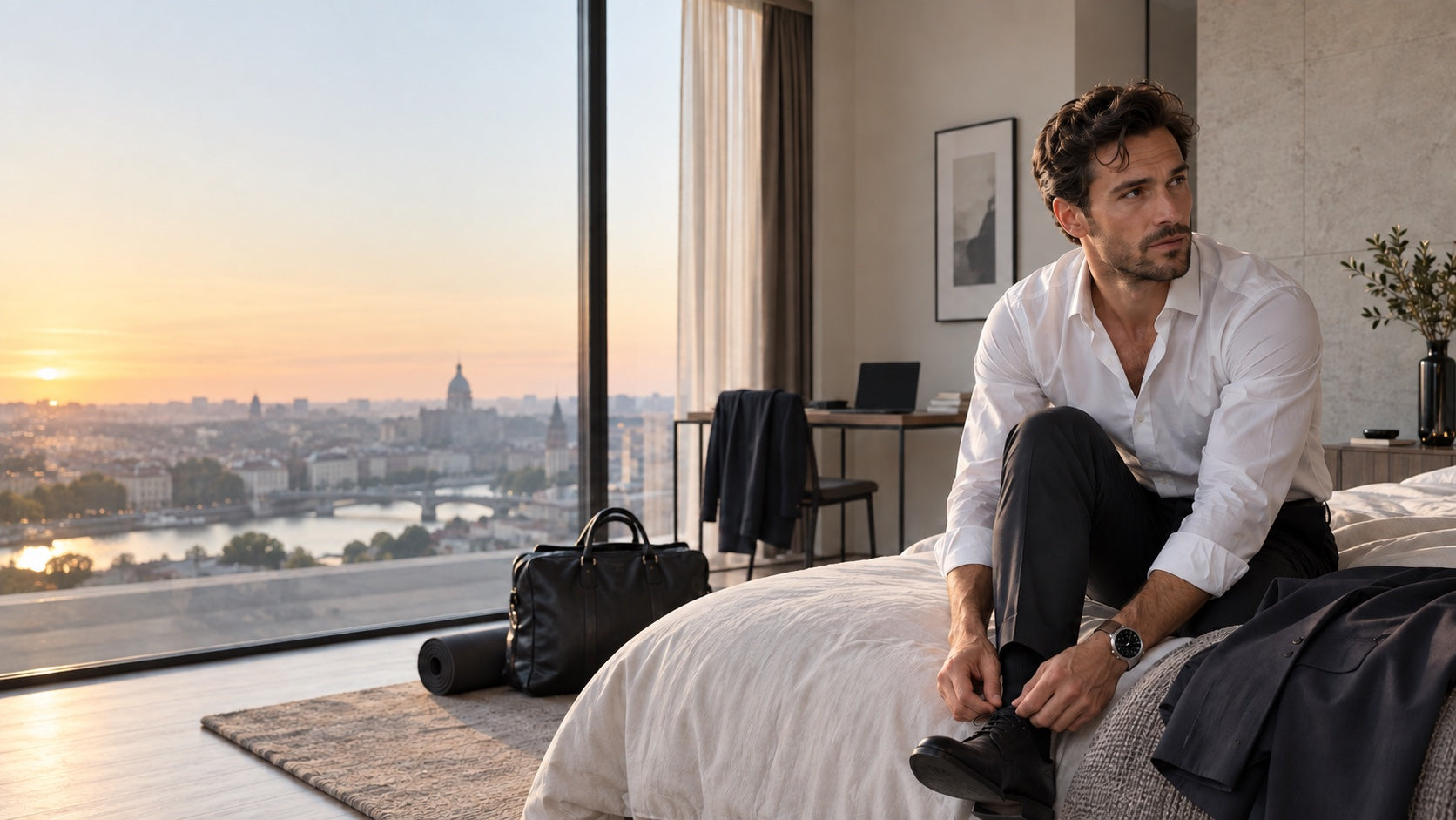 Man getting ready beside a work bag and training mat before a demanding day