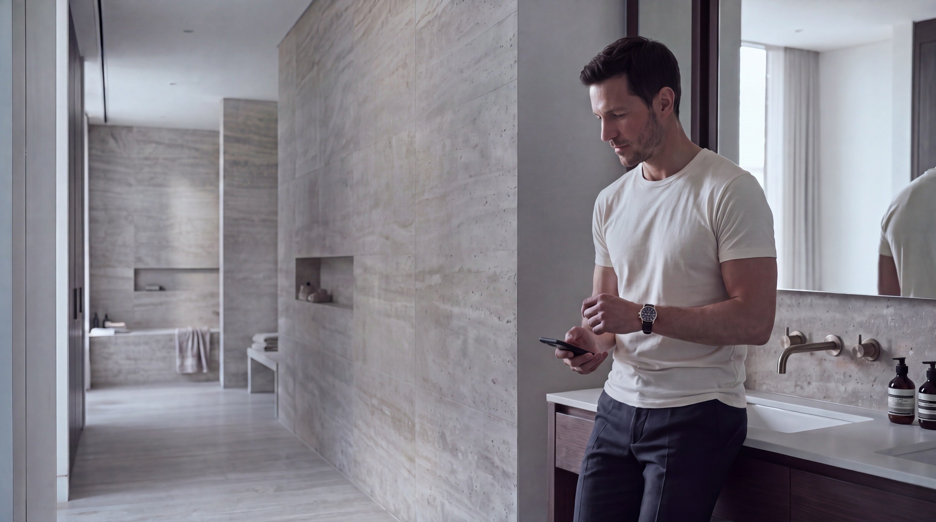 Man preparing for his day in a calm bathroom with Salaeo products nearby